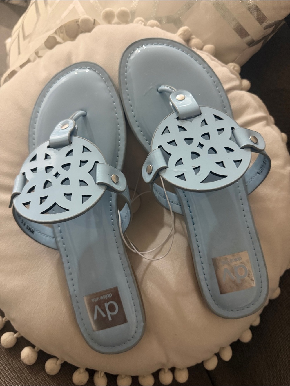 Light Blue Women's Slip-On Sandals with Cutout Medallion